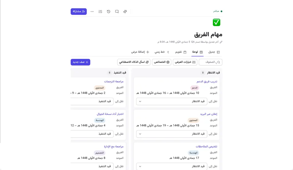 عرض اللوحة يجمع المهام في قيد الانتظار وقيد التنفيذ ومكتملة.