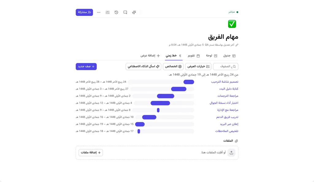 عرض الخط الزمني يُظهر المهام كأشرطة على مدى الشهر.