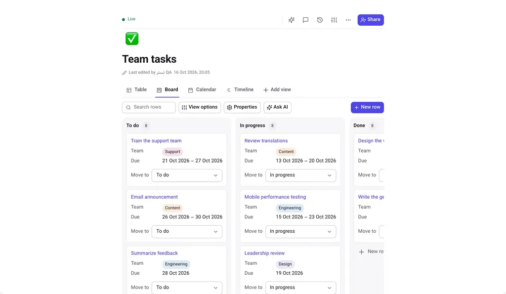 Board view grouping tasks into To do, In progress and Done.