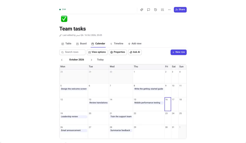 Calendar view of team tasks for October 2026.