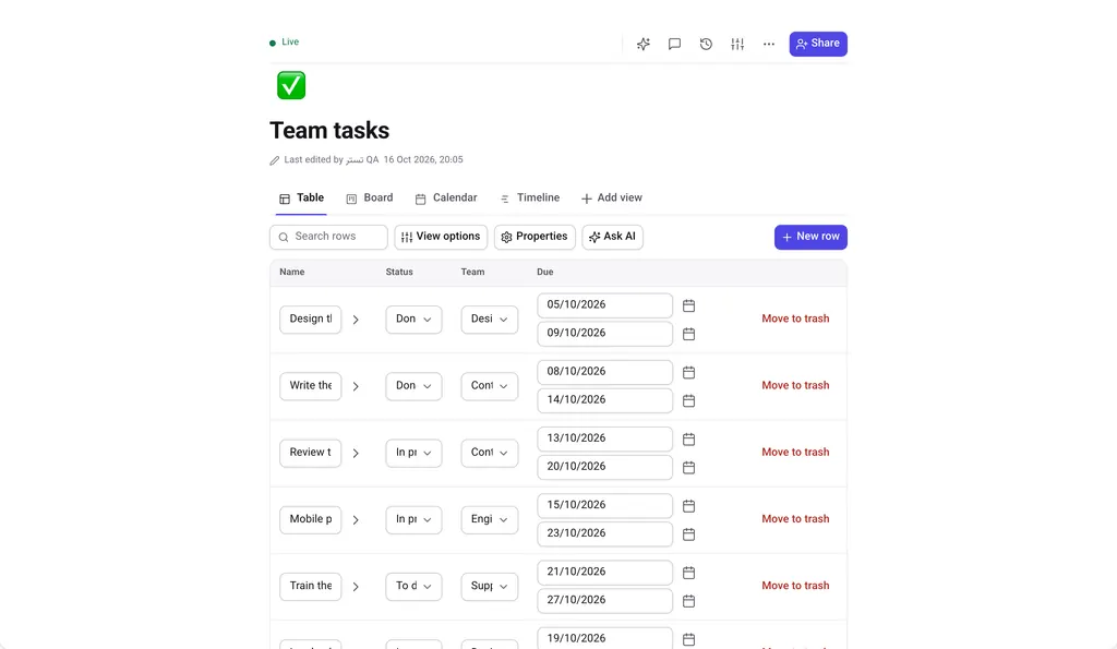 Table view of the “Team tasks” database.