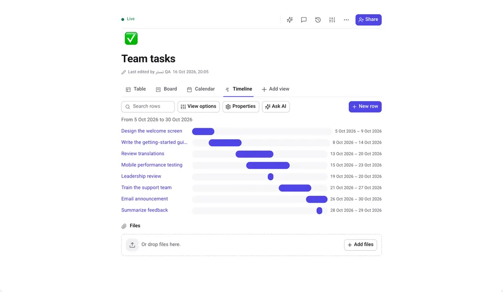 Timeline view showing tasks as bars across October 2026.